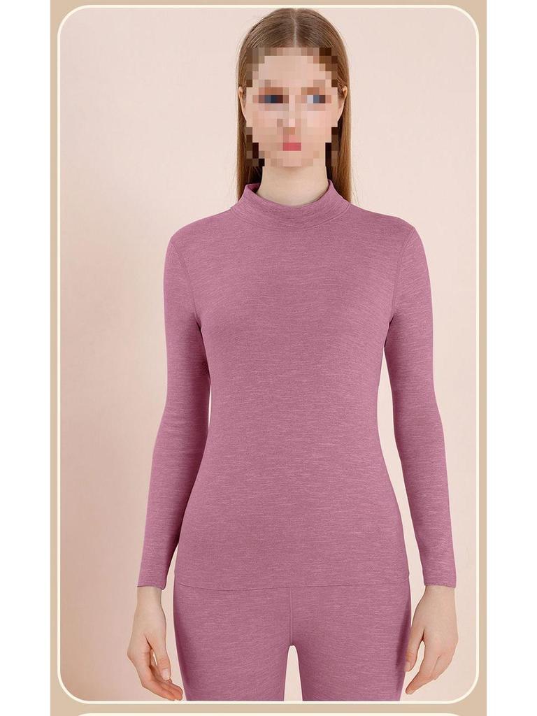 Women's Fleece-Lined Thermal Underwear Set - Semi-High Neck, Thick Base Layer for Autumn & Winter