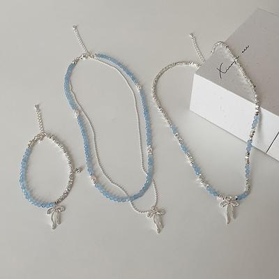 Collana Argento Spezzato con Fiocco e Perline Cristallo Blu Personalità di Nicchia Femminile Semplice Versatile Catena per Collo Catena Clavicola
