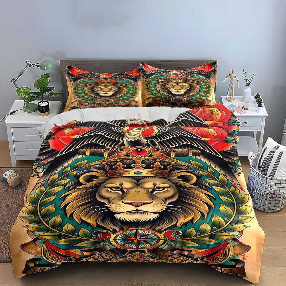 Lion crowned surrounded foliage. Bedding sets Duvet cover sets Duvet covers Pillowcases(1 * Duvet Cover 2 * Pillowcases, without duvet insert)
