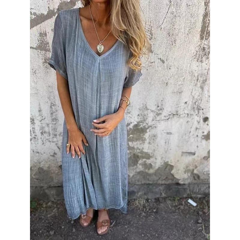 JKASHDK Moda Donna Estate Primavera Colore Unico Stampa Manica Corta Scollo a V Linea Vita Larga Abiti Casual