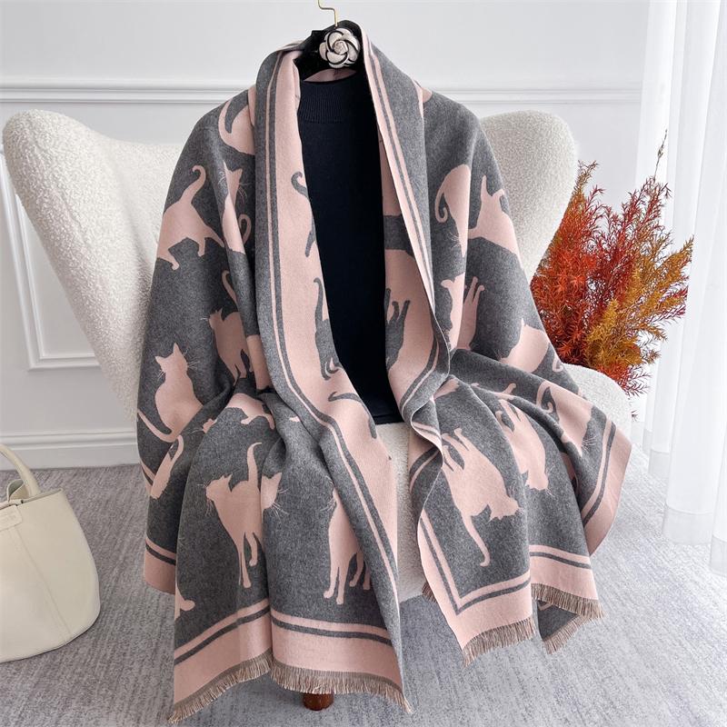 Winter Pink Cat Pattern Scarf Cashmere Women Jacquard Pashmina Design Wrap Female Thick Blanket Soft Bufanda Shawl Kerchief