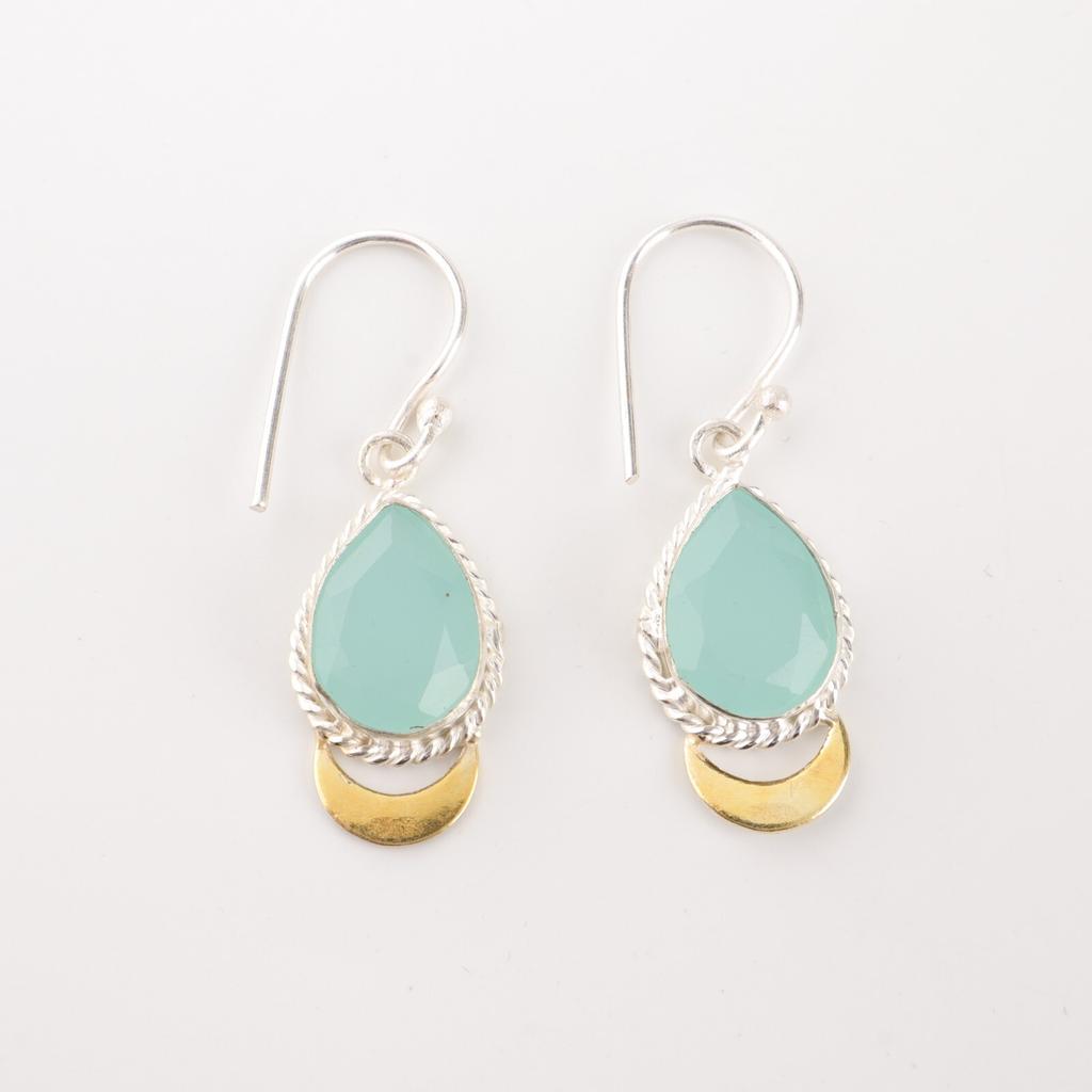 Aqua Chalcedony Gemstone 925 Sterling Silver Jewelry Handcrafted Earrings 1.5" EE-162-16