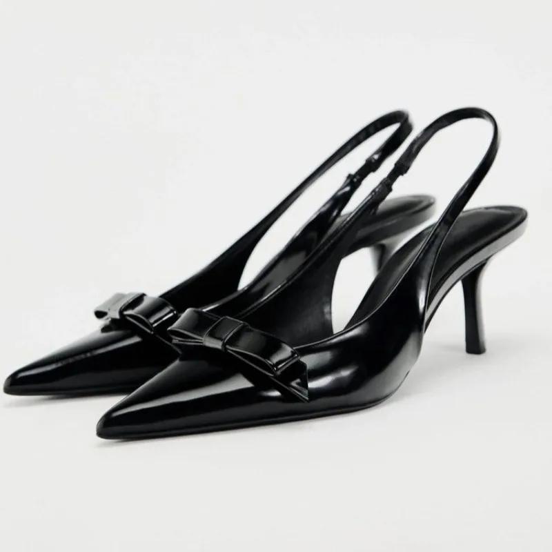 2025 Fashion Modern Office Shoes for Women Black Wedding Slingback Pointed Toe Butterfly Decoration Female High Heeled Sandals