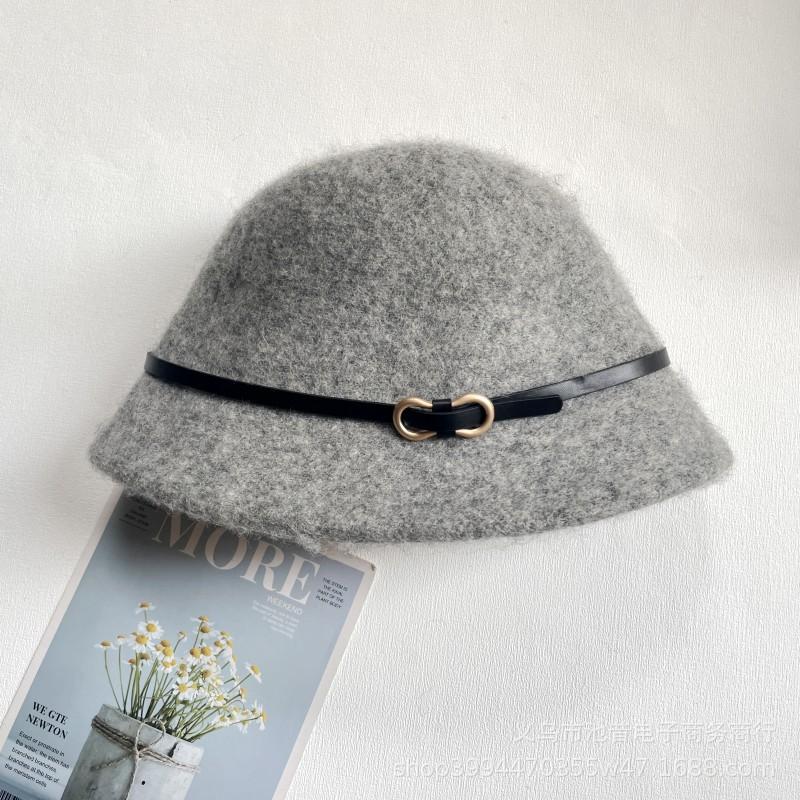 Hat female autumn and winter face small bucket hat leather buckle decorative versatile wool knitted hat foldable thermal basin hat female