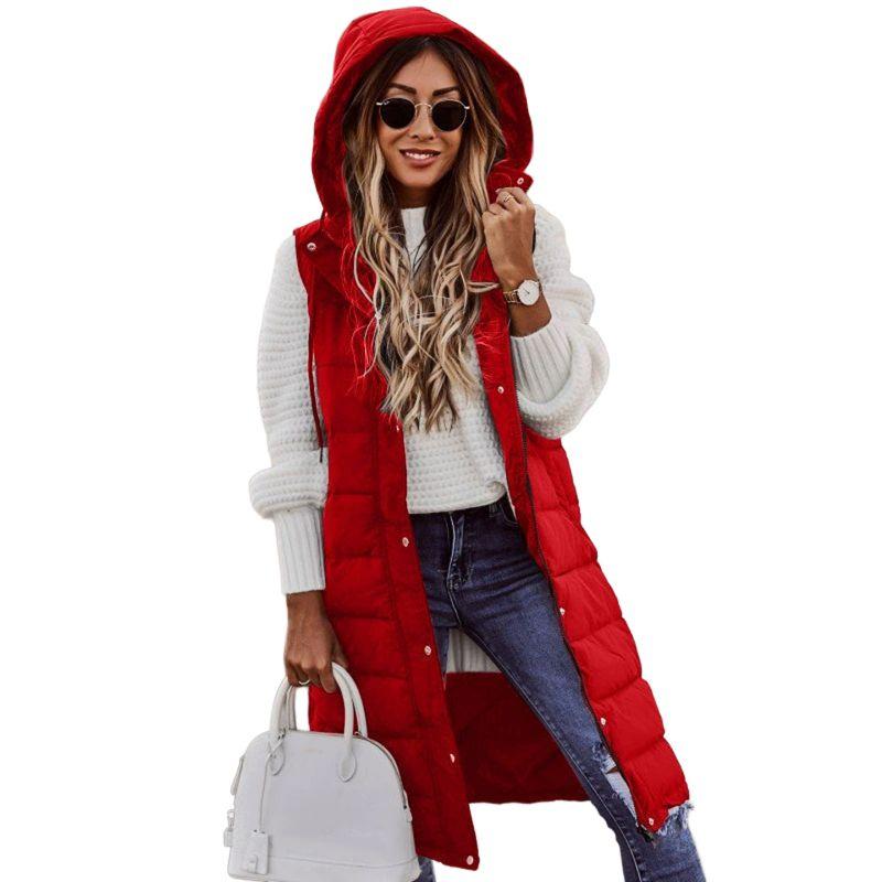 Women's Hooded Long Vest Knee Length Long Cotton Down Vest