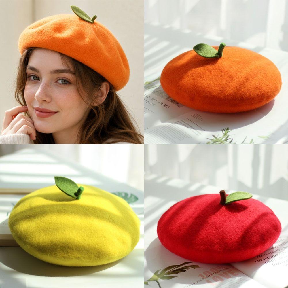 Red Apple Painter Hat Orange Shaped Knit Beret Japanese style Fruit Beret Autumn and Winter Warmth