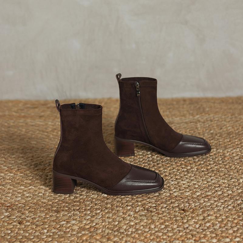 Krazing Pot Cow Skin Winter Square Toe Chelsea Boots Med Heels Zipper Women Flock Patch Work Ankle Boots