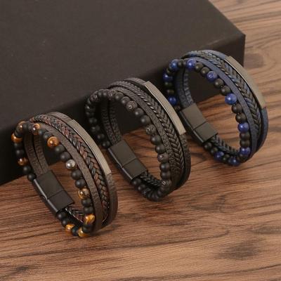 Men's Black Obsidian Beaded Bracelet with Alloy Buckle and Leather Weave