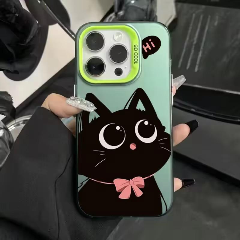Cartoon Black Cat Eating Fish Electroplate Silver IMD Phone Case For iPhone 16 15 14 Pro Max 13 12 11 Pro 7 8 Plus X XS XR Cover