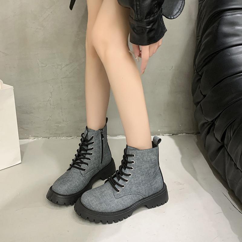 Cloth Thick Heel Single Boots Autumn New Round Toe Front Lace-Up Side Zipper Platform Anti-Slip Wear-Resistant Short Shoes