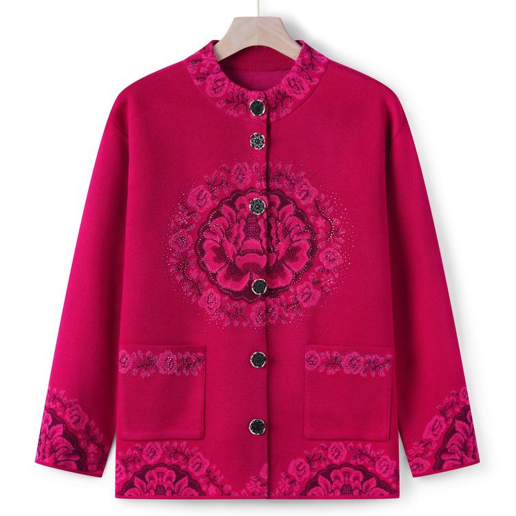 Middle-aged and Elderly Women's Sweater Autumn and Winter Sweater Jacket Grandma's Cardigan Top Mother's New Style Collar Flower Tang Suit