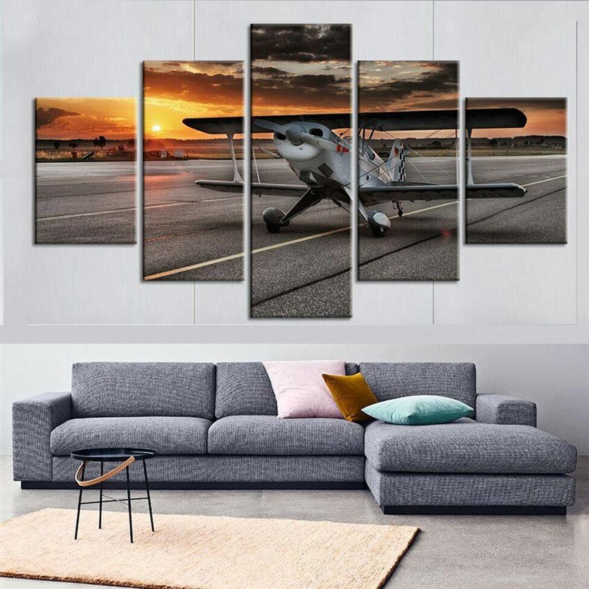 5 Panel Landscape Sunset Lights Airplane Lawn Canvas Painting Modular Posters and Prints Wall Art Pictures Home Decor No Frame