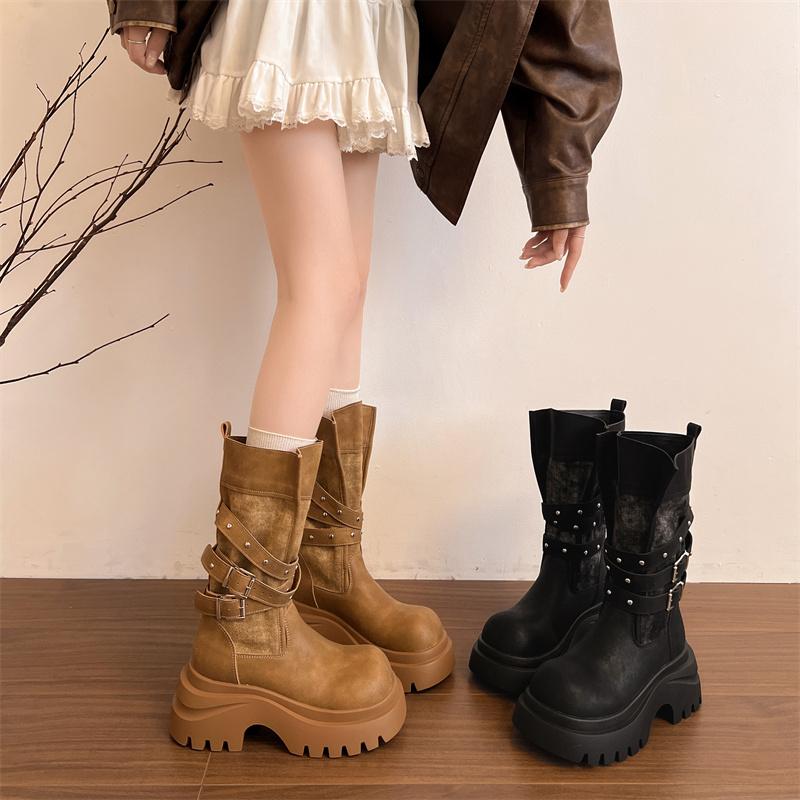 Chunky Women Knight Boots Fashion Belt Buckle Slip On Shoes Autumn Winter Platform Heel Mid Calf Booties Zapatos De Mujer