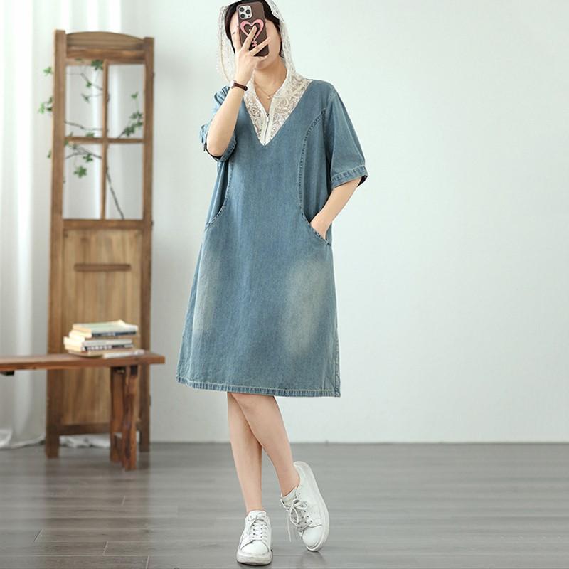 Rochie midi de vară casual largă cu mânecă scurtă, mărime plus, denim dantelă vintage, nou în rochii pentru femei