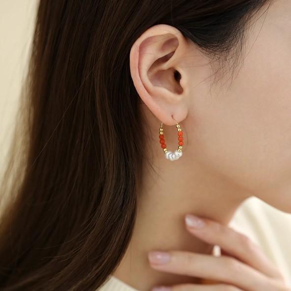Natural freshwater pearl earrings, national style, Nanhong agate earrings, fashion temperament, circle red stud earrings.