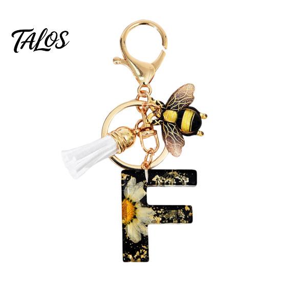 Talos Black Series Keychain Pendant, Dried Flower Initial Letter Charm Key Chain with Bee Tassel Design, A-Z Holder for Bag Purse Backpack