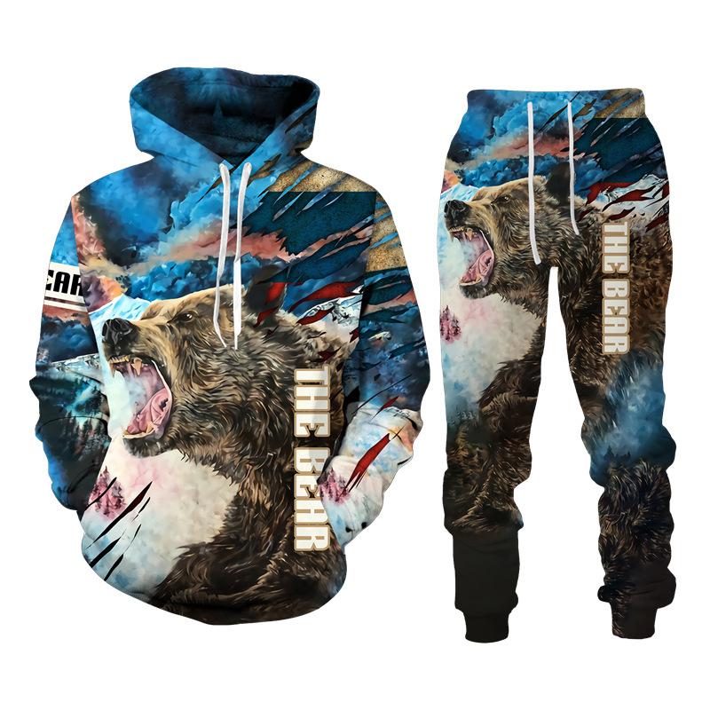Herren Hoodie Sets Jagd Bär Bogenschütze Tarnung 3D-Druck Hoodies Trainingsanzug Jogginghose 2-teilige Sets Kleidung Übergroß