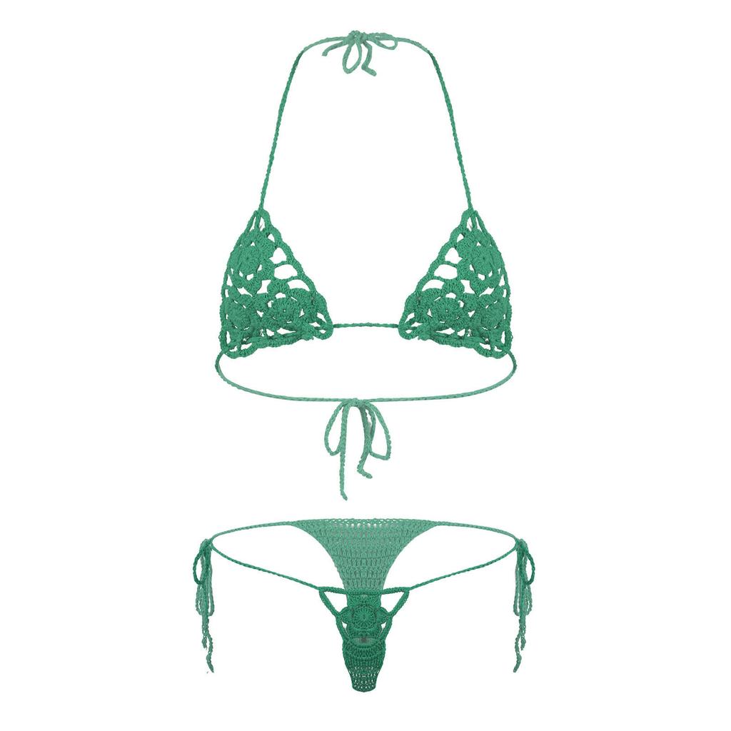 Damen Blumig Handgehäkelt Häkeln Dessous Bikini Set Ausgeschnitten Zweiteilig Badeanzug