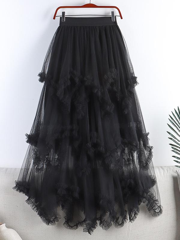 2026 Spring-Summer Women's High-Waisted Irregular Mesh Ruffle Layered Long Skirt