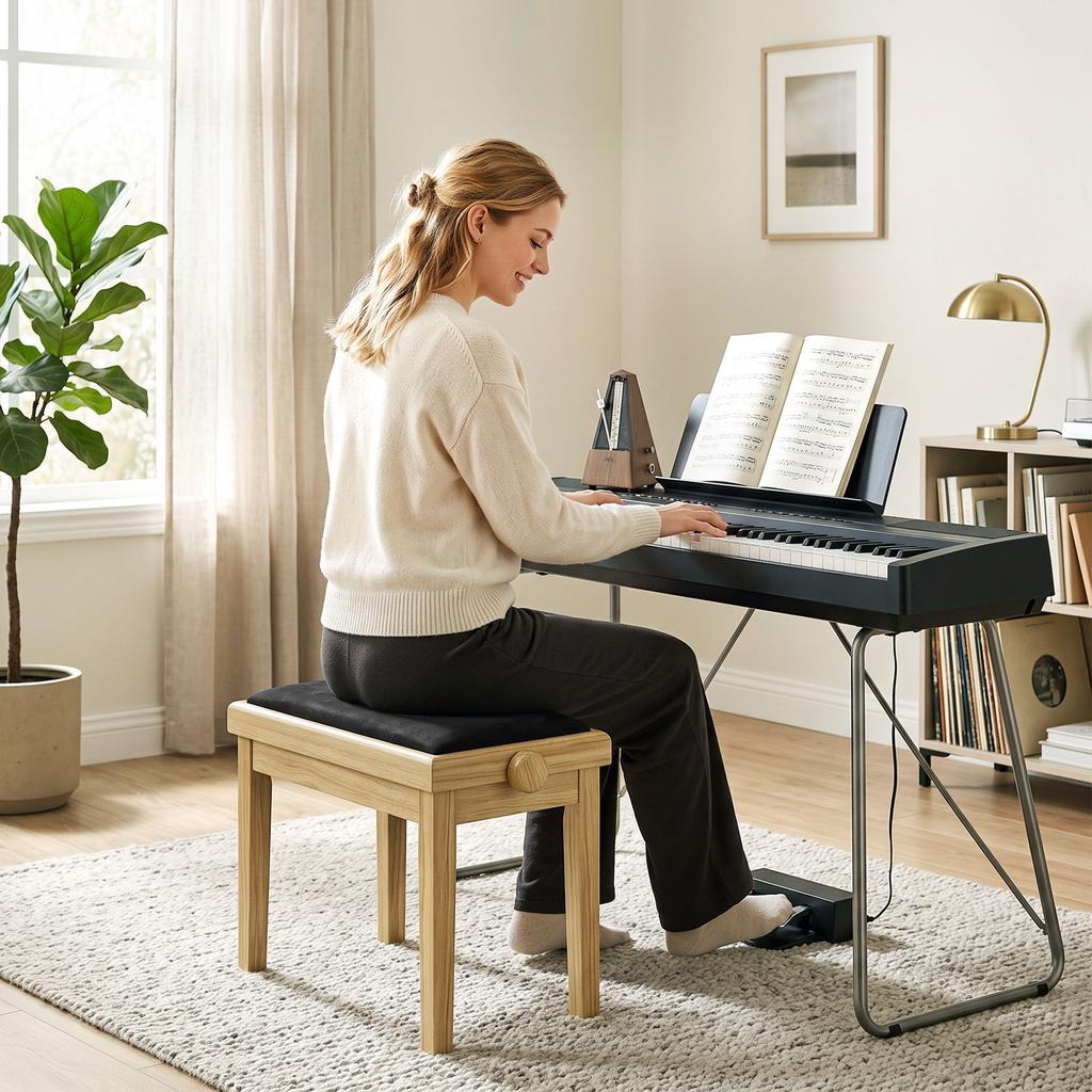 Piano Bench, Height-Adjustable, 45-56 cm, Velvet-Upholstered Seat, Natural Wood