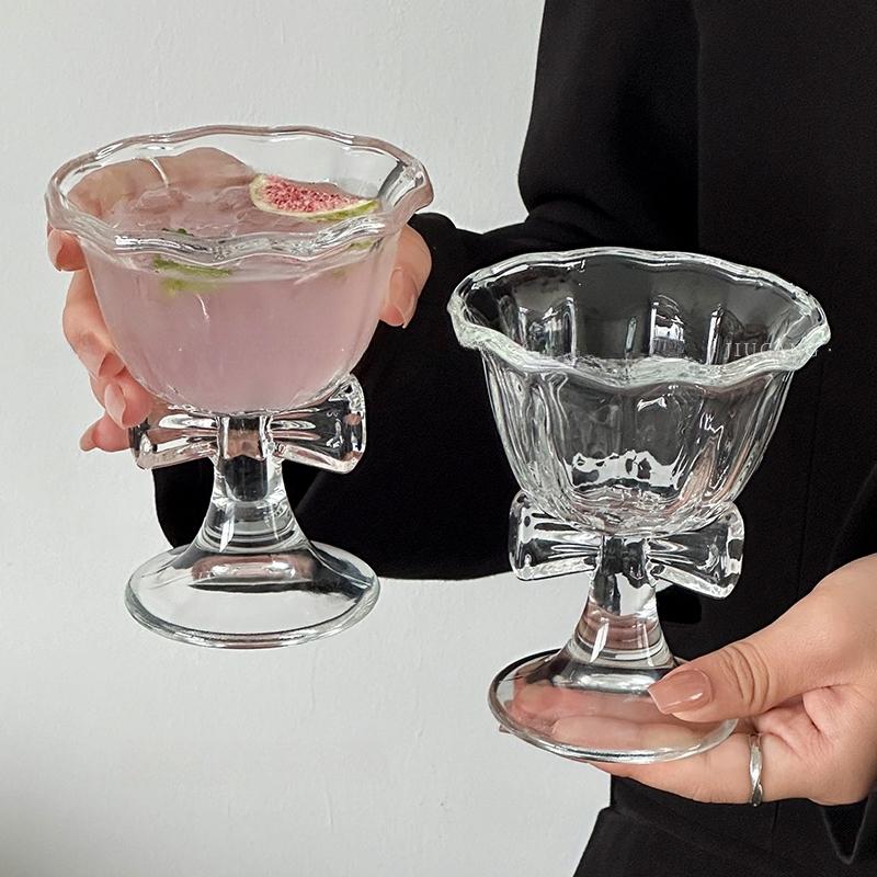 Cute Bow Handle Glass Cup Flower Shaped Wine Champagne Cocktail Glass Goblet Cup Dessert Bows