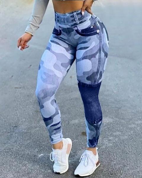 2024 Autumn Winter Women's High Waist High Elastic Imitation Denim Leggings Solid Color Fitness Sports Yoga Pants