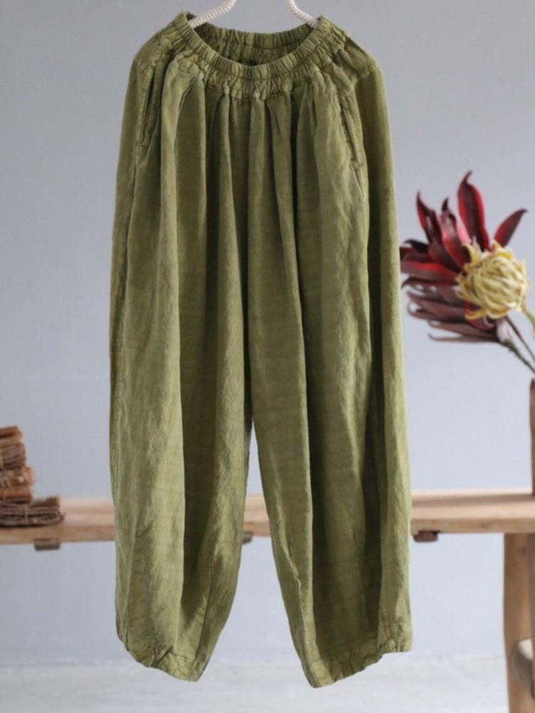 Johnature Women Vintage Linen Wide Leg Pants Elastic Waist Loose Autumn Trouser Chinese Style Women Soft Long Pants