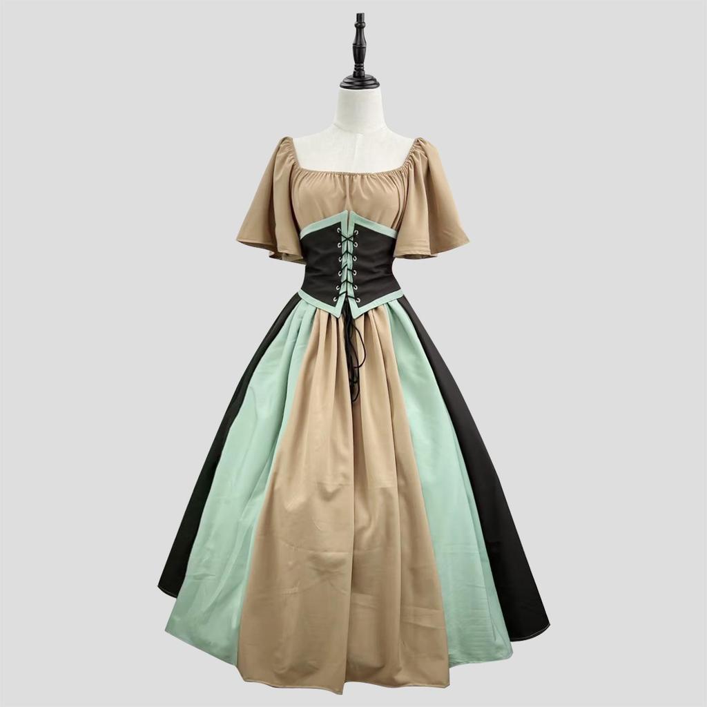 Medieval Retro Color Block Off-Shoulder Slim Fit Dress with Fly Sleeves and Big Swing Skirt - Women's Cosplay Costume