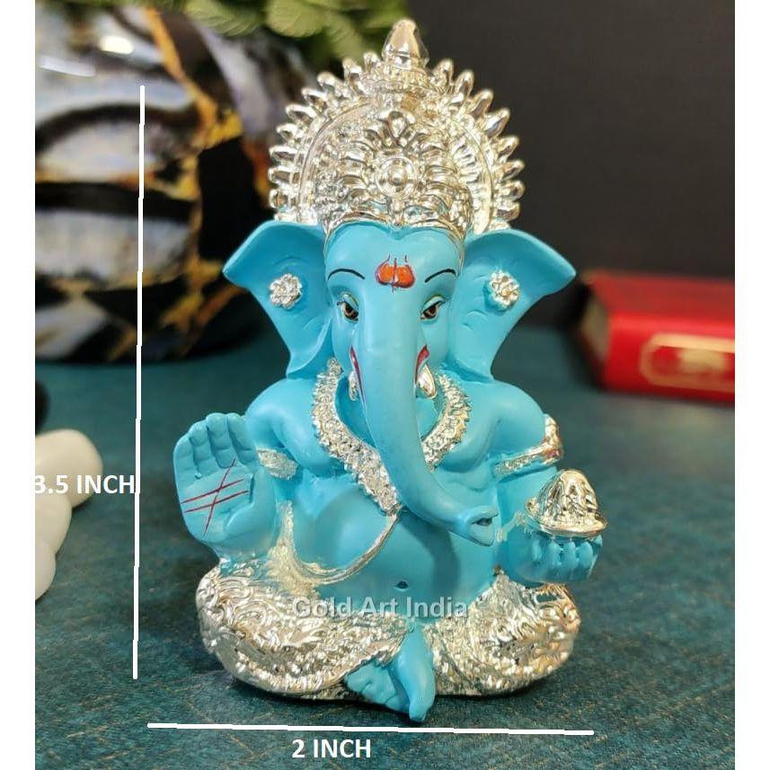 Silver Plated Ganesh Idol for Car Dashboard God Ganesha Idol for Home Decor Ganpati for Gift 3.5 inches (Silver) (Silver Fountain Blue)