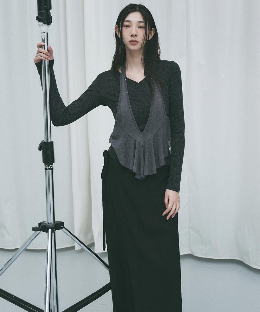 Nigaennikol Wrinkle Layered Wrap Skirt Pants_Black