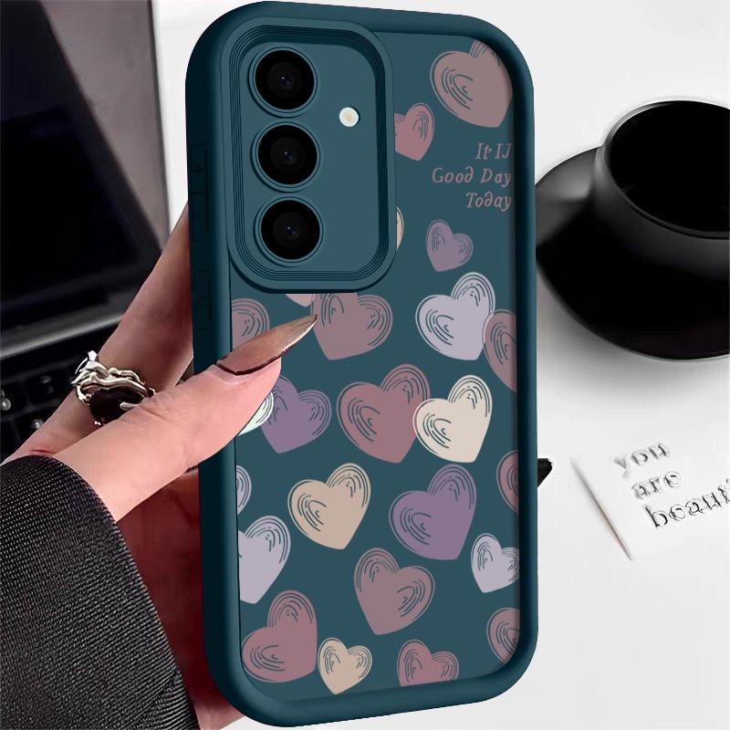 Solid Color Love Hearts Pattern Case For Samsung S25 S24 Ultra S23 S22 S21 Plus S20 FE A55 A35 A54 A34 A15 Lens Protection Soft Shockproof Phone Cover