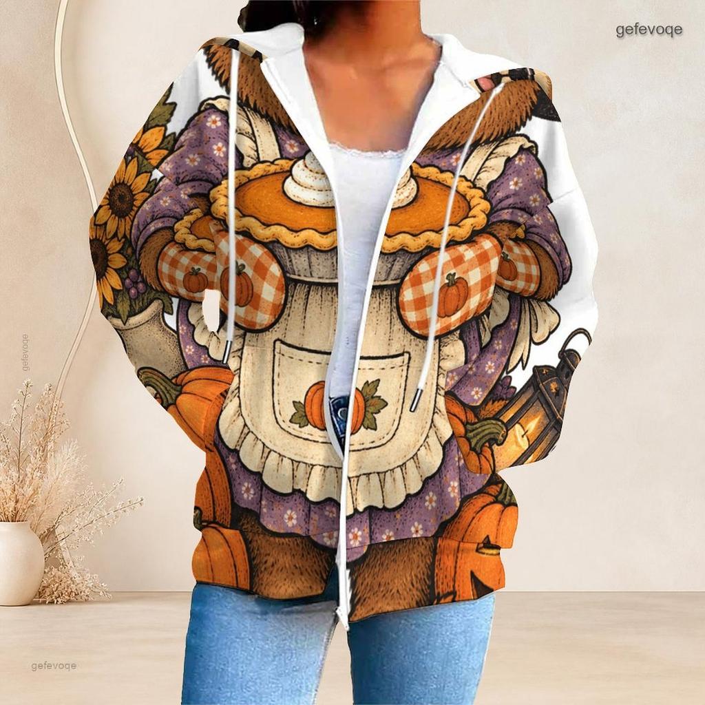 Women Plus Size Zip Up Hoodie Cute Bat Cat Pumpkin Floral Bow Print Long Sleeve Casual Hooded Sweatshirt