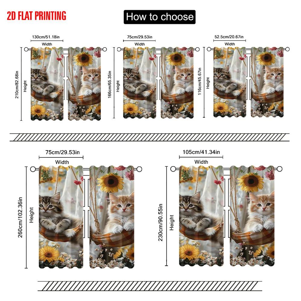 2pcs  2D plane printing Minimalist Curtains Funny Animal Cat Polyester (without rod) Room Decor Use for Living Room & Office