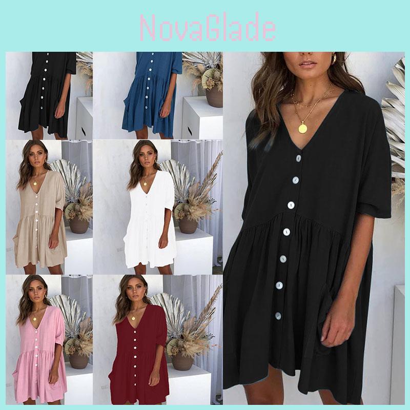 Stylish Women Summer Smock Dress With 3/4 Sleeve For Casual Beach Outings And Holidays