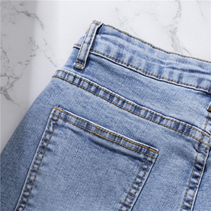 Women's Summer High Waist Light Blue Denim Jeans with Slit - Nine-Point Straight Leg Pants