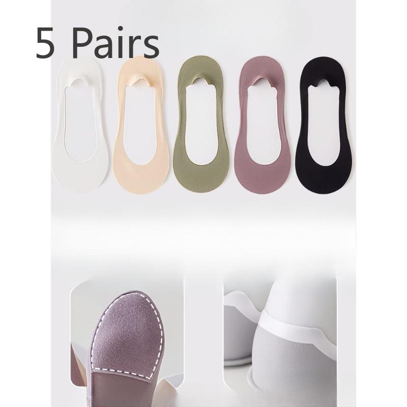 5 Pairs of Female Summer Thin Foot Protector Cotton Pad Non Slip with Ice Silk Shallow Mouth Invisible Socks