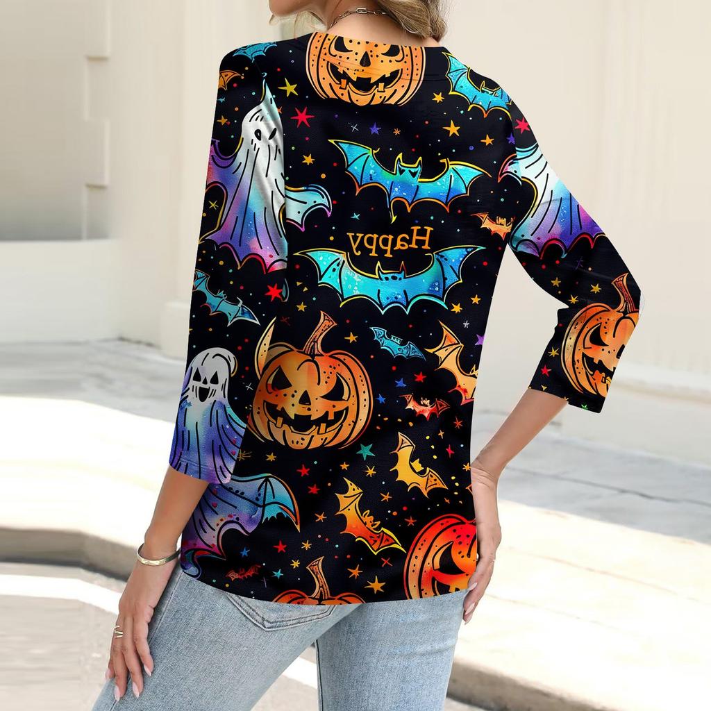 Women's Fashion Casual Print Button-down Shirt 3/4 Long Sleeve Tops