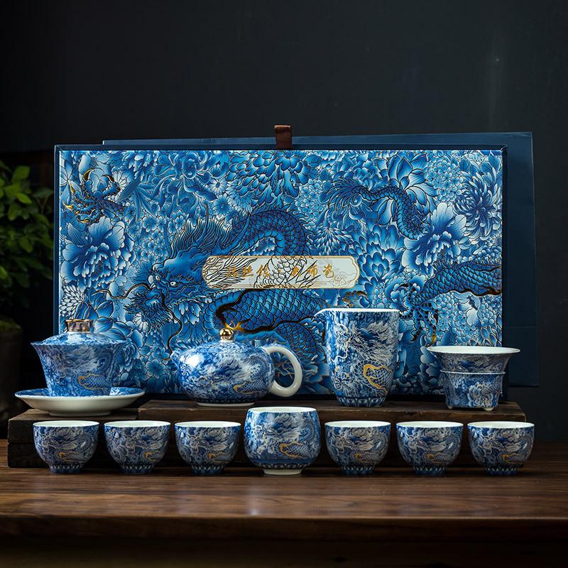 Genuine high-end pure handmade filigree silver dragon kung fu tea set enamel suet jade hover cover bowl Fengming pot
