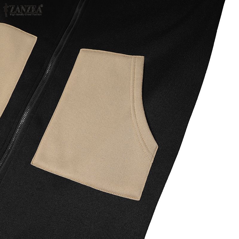 ZANZEA Women Long Sleeve Casual Patchwork Long Hooded Sweatshirts