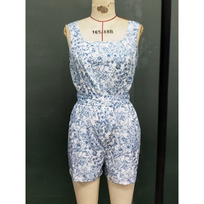 

Printed Jumpsuit Western Style One-Piece Shorts Women clothes 2025 Summer Floral Lace-up Vest Jumpsuit Color S