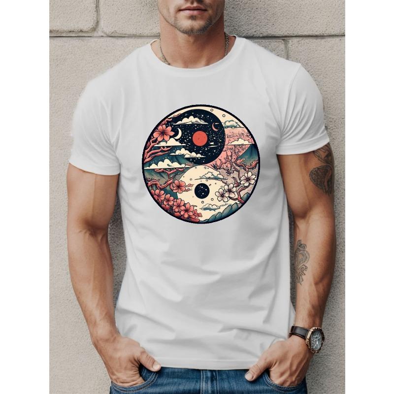 European Size Men's Tai Chi Scroll Graphic Tee - Casual Short Sleeve T-Shirt, Breathable Polyester, Machine Washable - Perfect for Summer