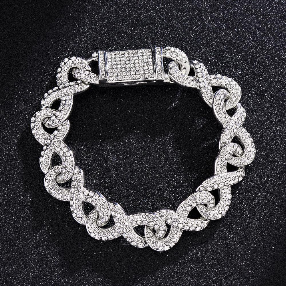 European & American Hip Hop Infinity Cuban Chain Necklace & Bracelet: Trendy Unisex Design with Full Diamond Accents.