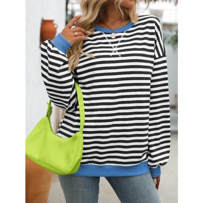 İlkbahar ve Sonbahar Kadın Uzun Kollu Renkli Çizgili Yuvarlak Yaka Bol Sweatshirt