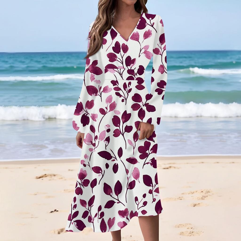 Women's Casual Fashion Floral Print V-neck Long Sleeve Waist Long Dress