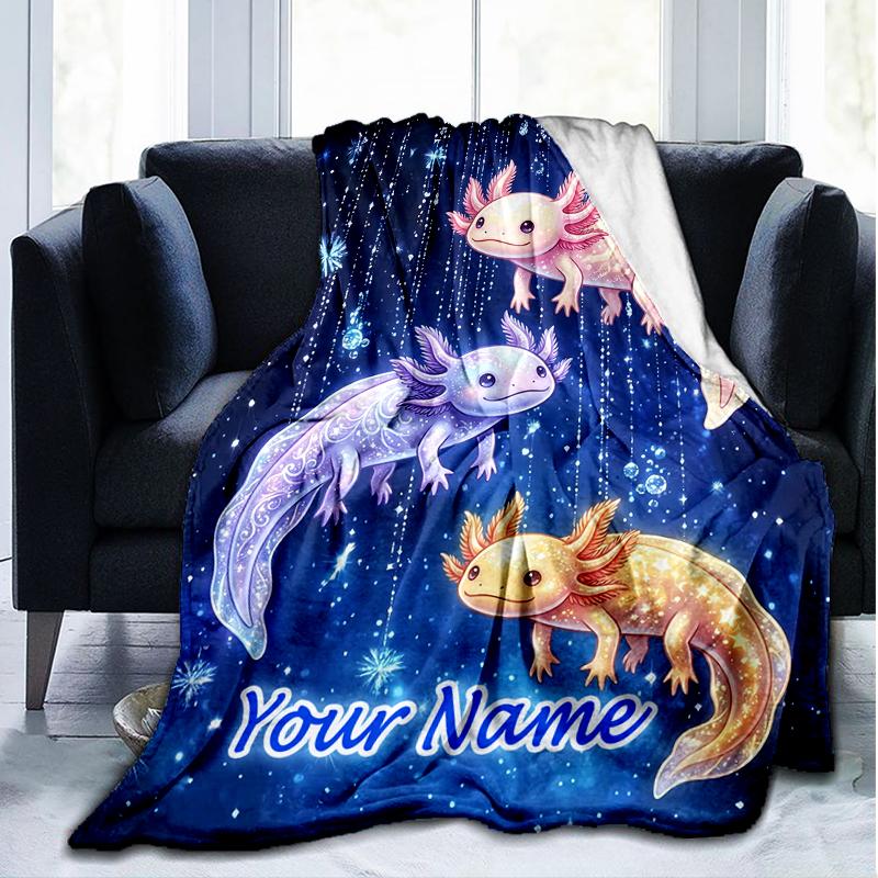 1PC Custom Name Axolotls Stars Flannel Blanket Versatile,all-season Throw Suitable for the Living Room,bedroom,camping,travel,and Gift