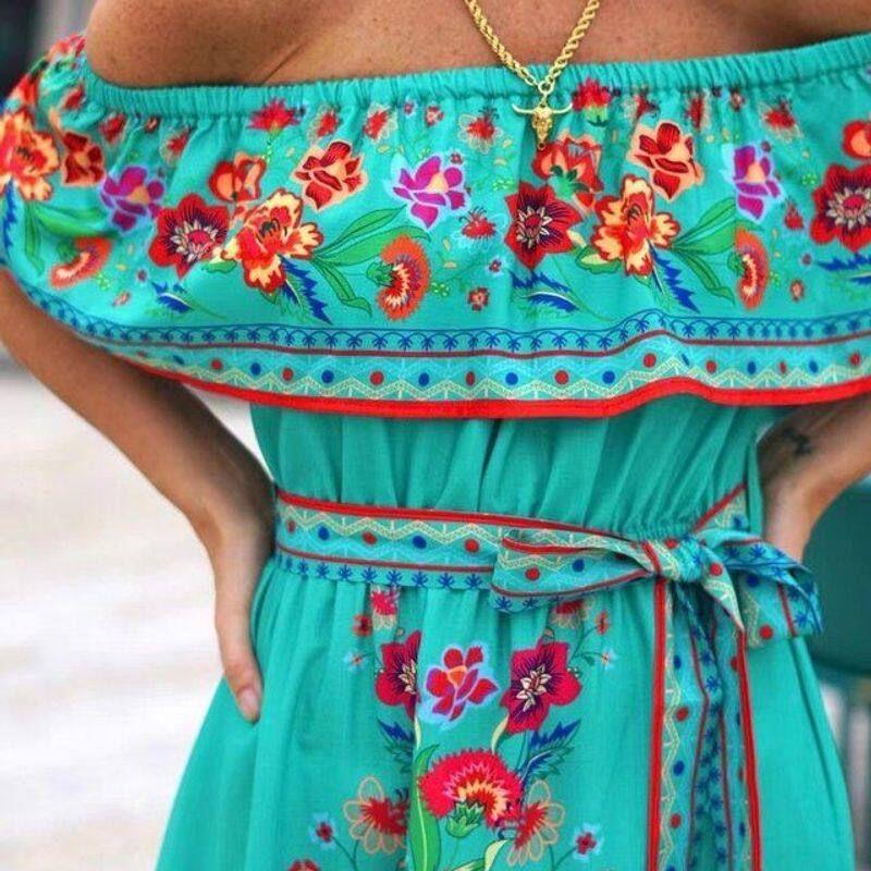 

2023 Amazon Independent Site New European and American Style Spring and Summer Off-Shoulder Red Floral Print Long Flared Dress for Women Emerald XXL