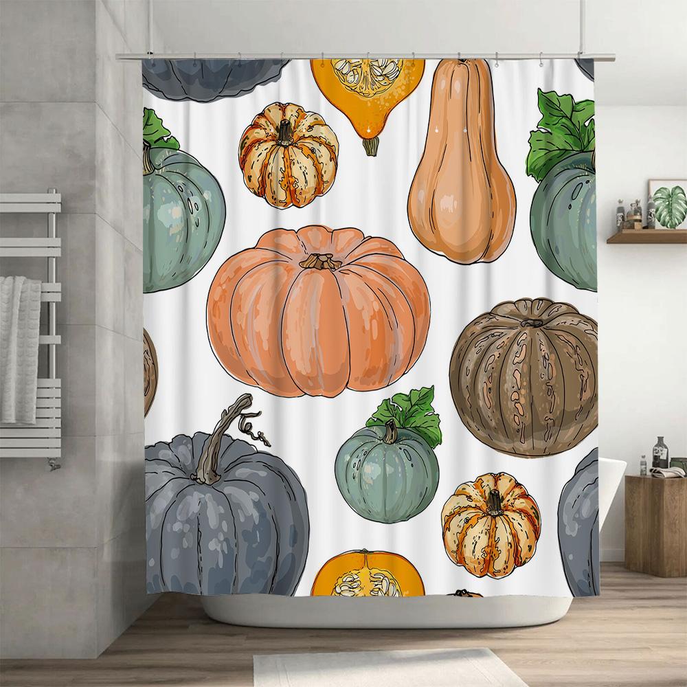 Hand-drawn pumpkin shower curtain colorful autumn leaves design for bathroom decor waterproof fabric made from polyester (blue)