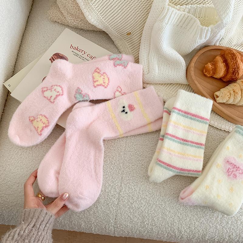 Women's Striped Mid-calf Socks for Autumn and Winter, with Added Fleece and Thickening, Warm, Cute and Sweet Fleece Floor Socks