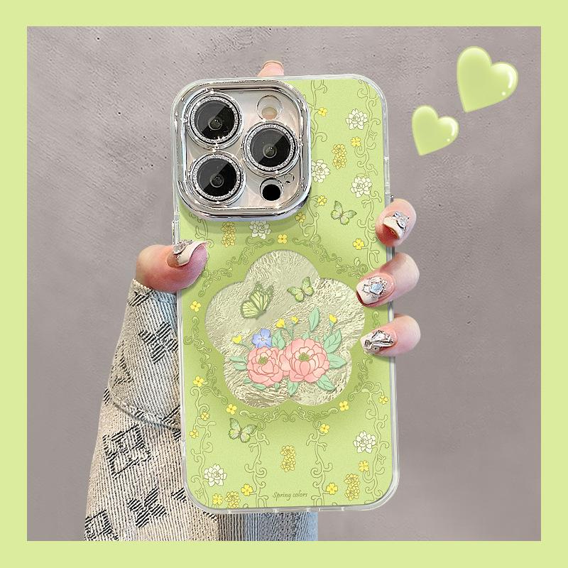 Pink Florals Suitable for Apple 16pro Glacier Pattern Mobile Phone Case 15 Full-inclusive Lens Film 14 Spring and Summer 13 Small Fresh X