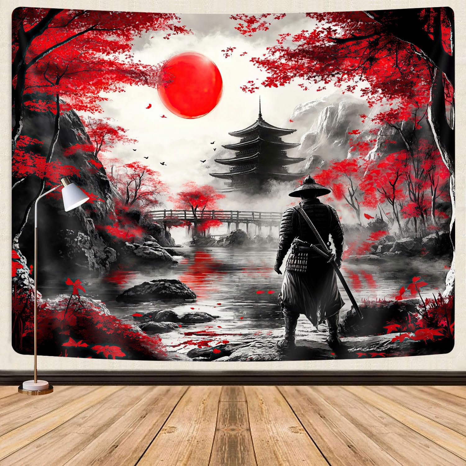 Tapestry Japanese anime cool samurai art red 75x100